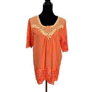 Orange Cotton Tunic Top Crochet Lace Blouse Beaded Large Amelia Austin Italy